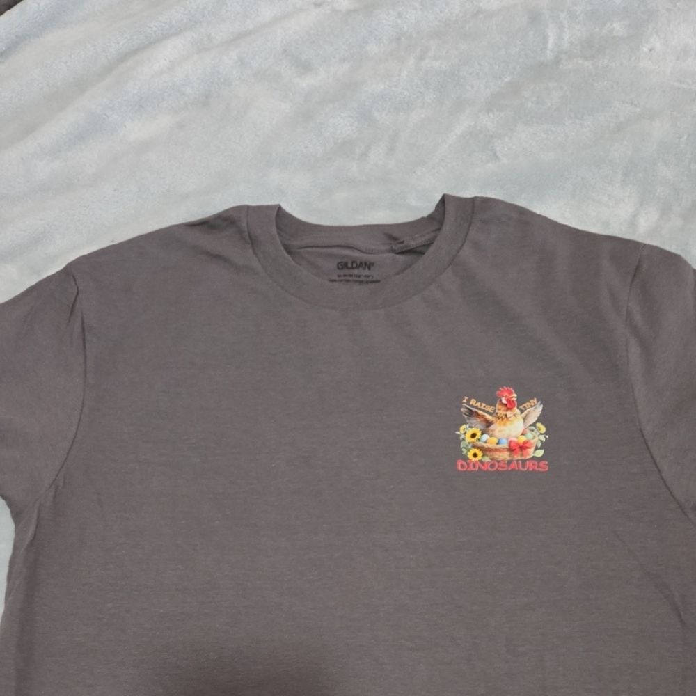 Gildan Gray Short Sleeve Tee with Dinosaur Graphic